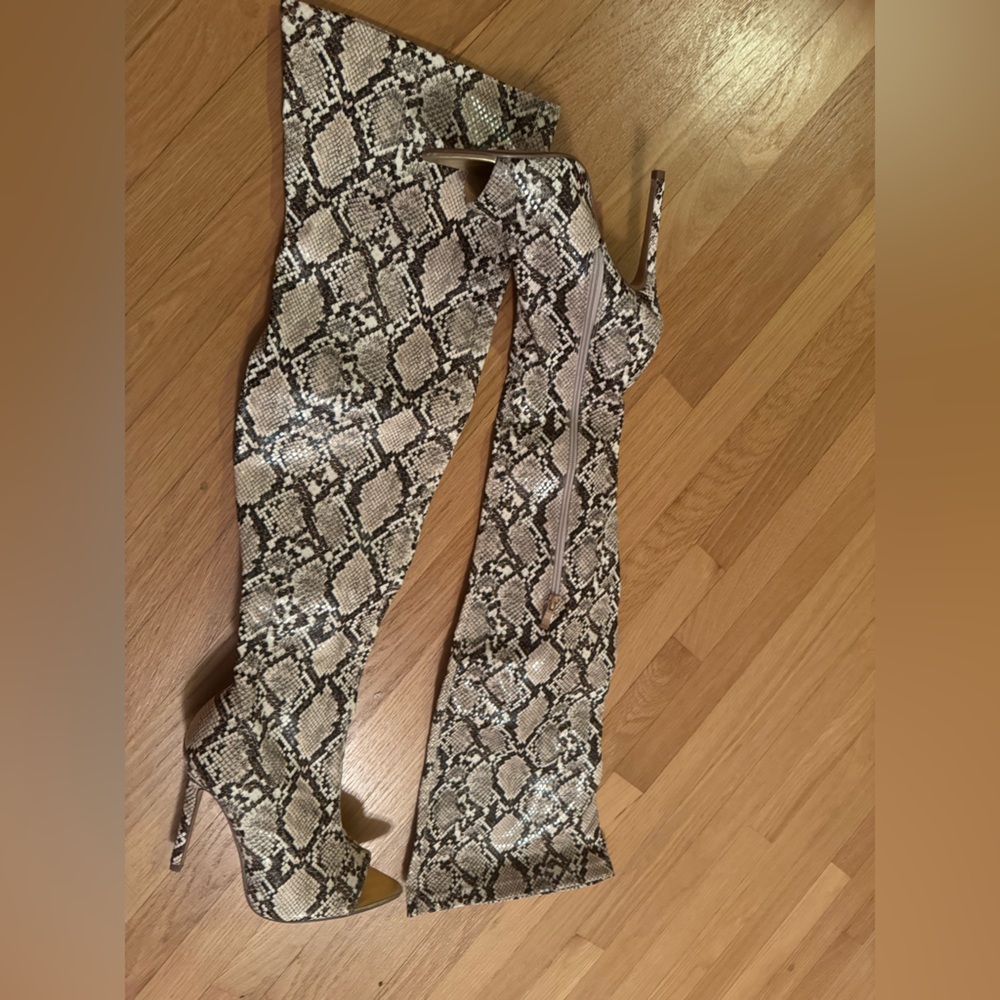 Faux snake skin peek toe high thigh heels